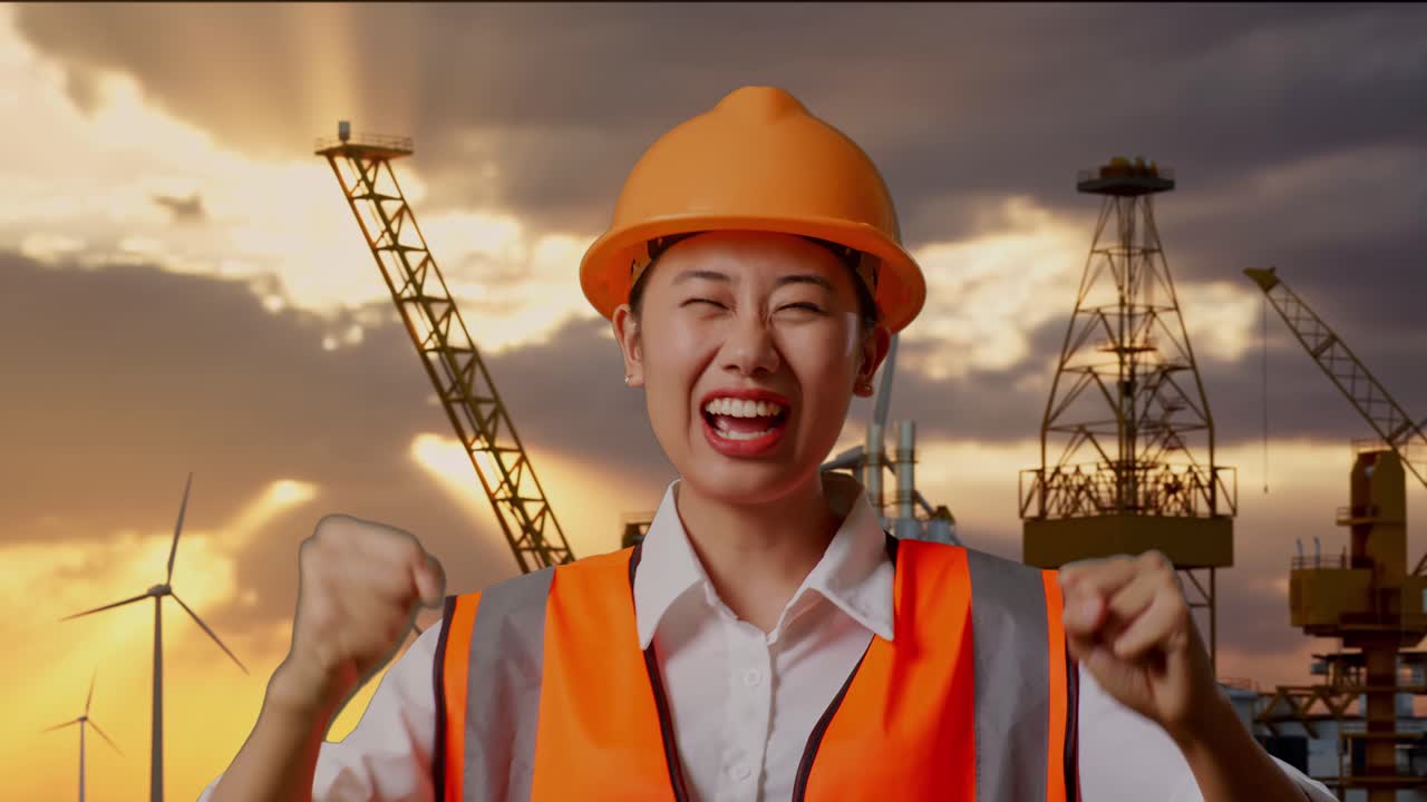 Engineer celebrating success on an oil rig at sunset