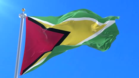 bandera de guyana agitando en el viento en lento en el cielo azul, bucle