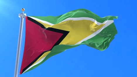 flag of guyana waving at wind in slow in blue sky, loop