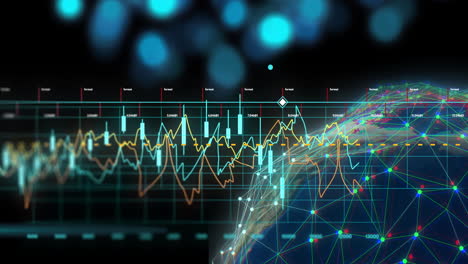 Animation-Der-Finanzdatenverarbeitung-über-Den-Globus-Auf-Schwarzem-Hintergrund