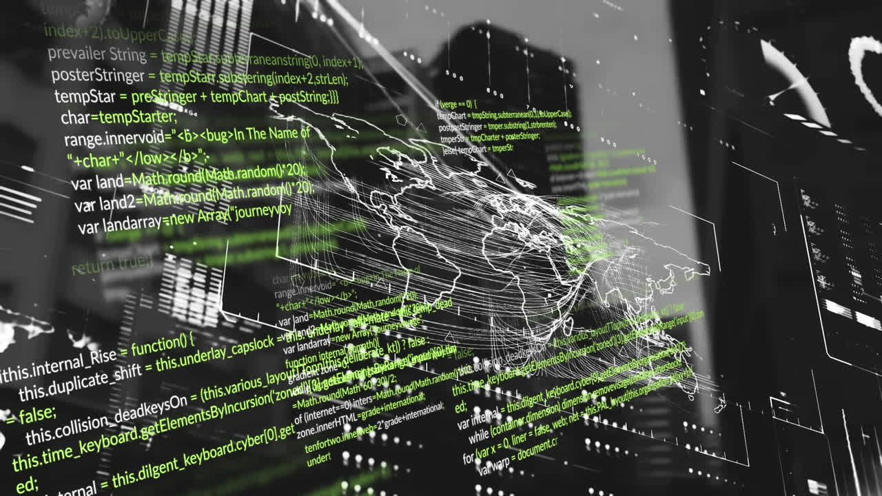 animação do processamento de dados com mapa do mundo sobre a paisagem urbana