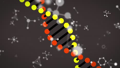 Animation-Mehrerer-Moleküle-Und-Chemischer-Elemente-Und-DNA-Stamm,-Die-Auf-Schwarzem-Hintergrund-Schweben