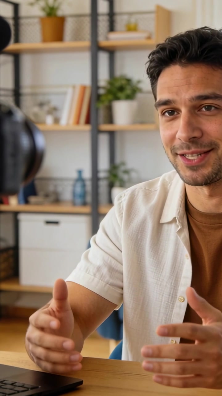 Video verticale: Registrazione di un uomo in camicia a maniche corte che spiega un argomento a casa con una DSLR e un laptop.