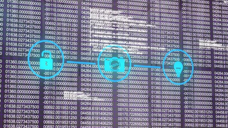Animation of network of digital icons over data processing against blue background