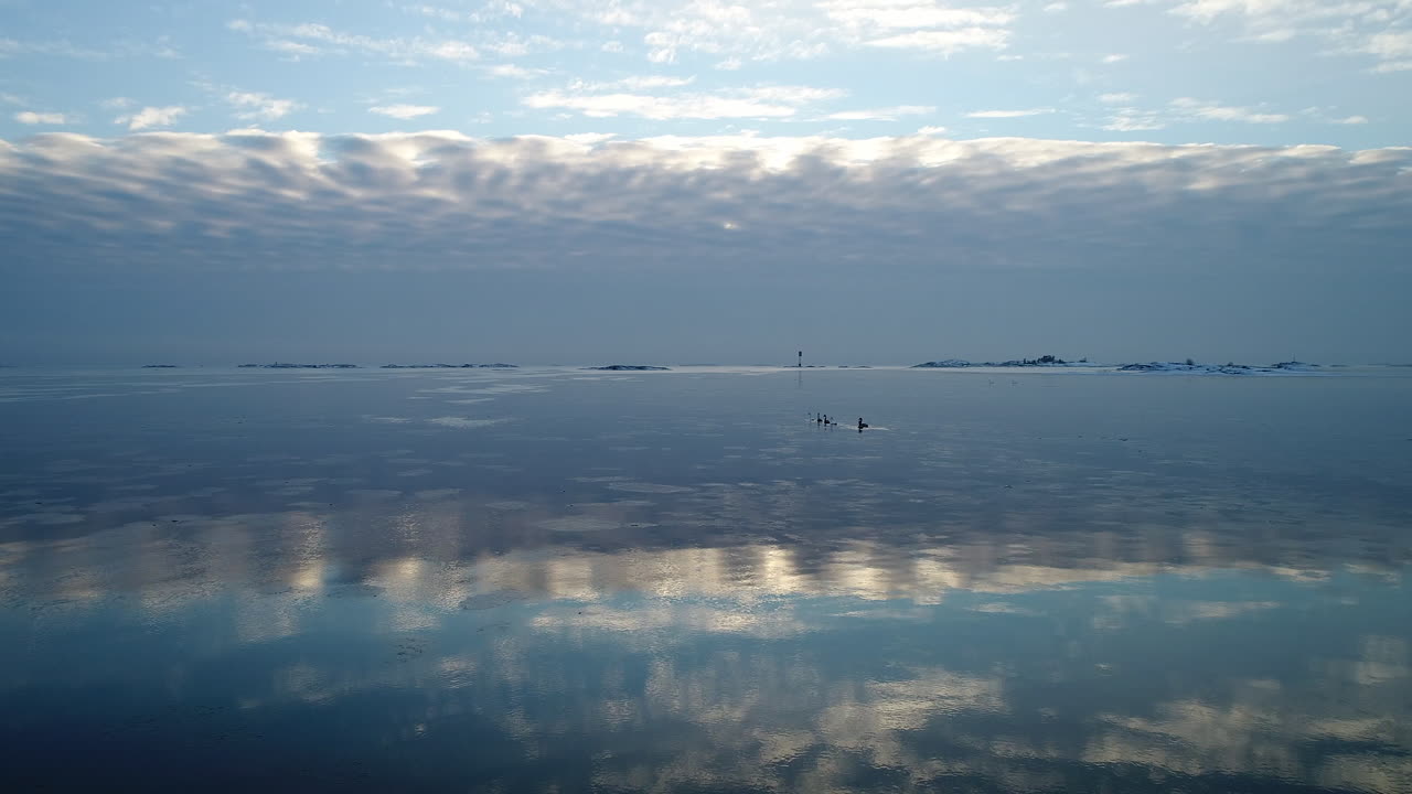 Swans swimming in the beautiful ice water landscape