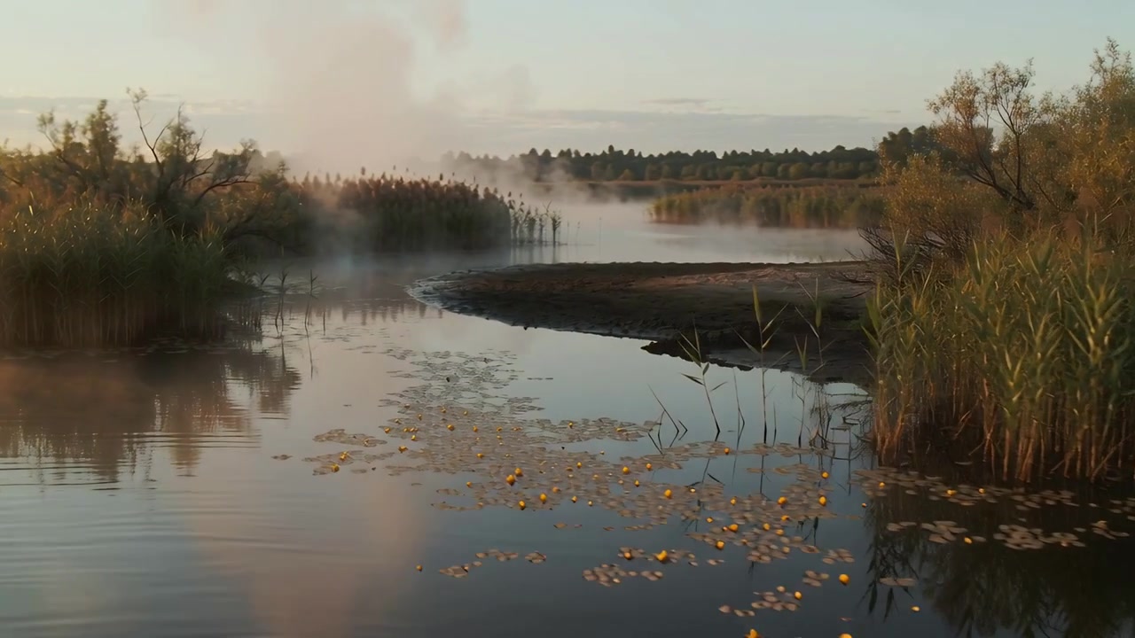 Kameraet bevæger sig og viser en marskkanal, sandbanke og tagrør ved daggry, åkandeblade driver med gule detaljer