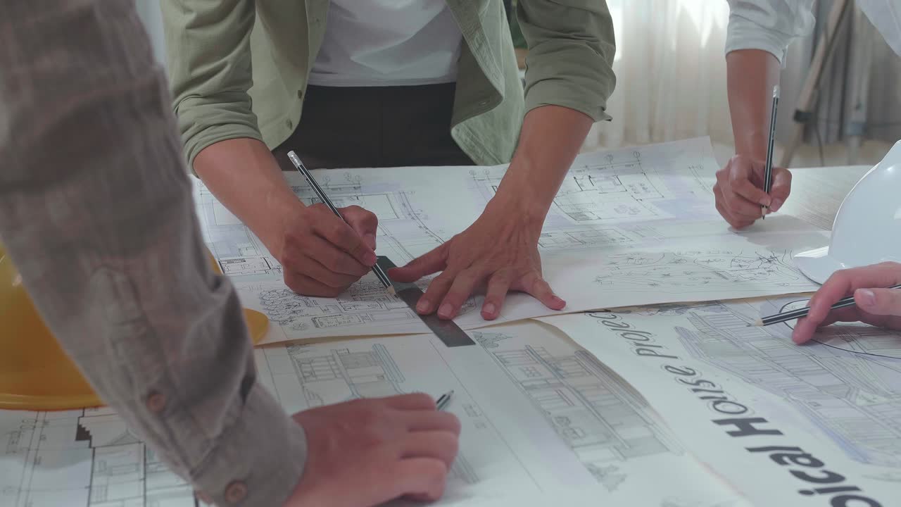 Close Up Of Group Of Asian Engineers Helping Each Other Drawing Building Construction At The Office