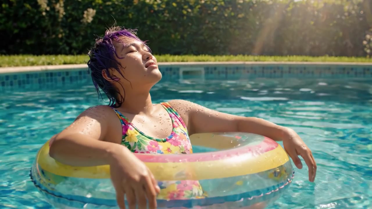 Joyful Moments in the Pool: A Youth Enjoying the Warm Sunshine While Relaxing on a Colorful Float, Embracing the Blissful Serenity of Summer Days.