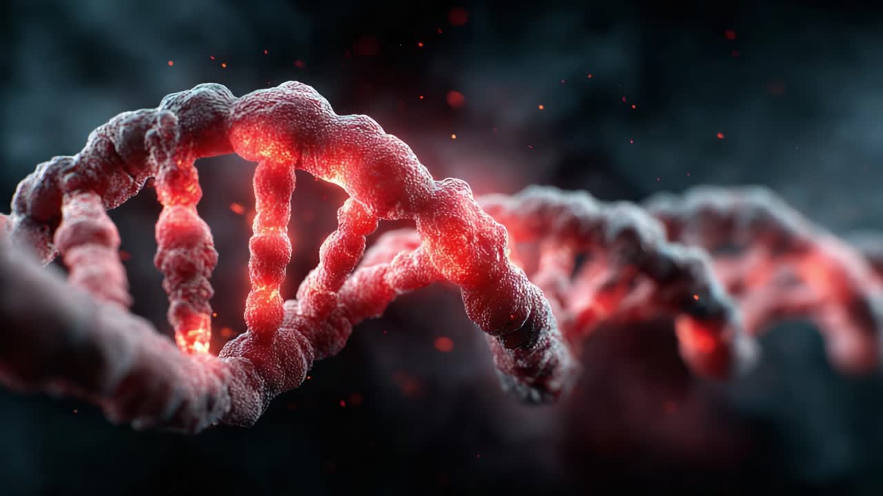 Illuminated DNA Helix Structure: A Stunning Visualization of Genetic Material with Glowing Elements Amidst a Dark Background Illustrating the Essence of Life