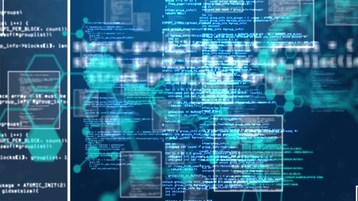 Animation of chemical formula and data processing over blue background