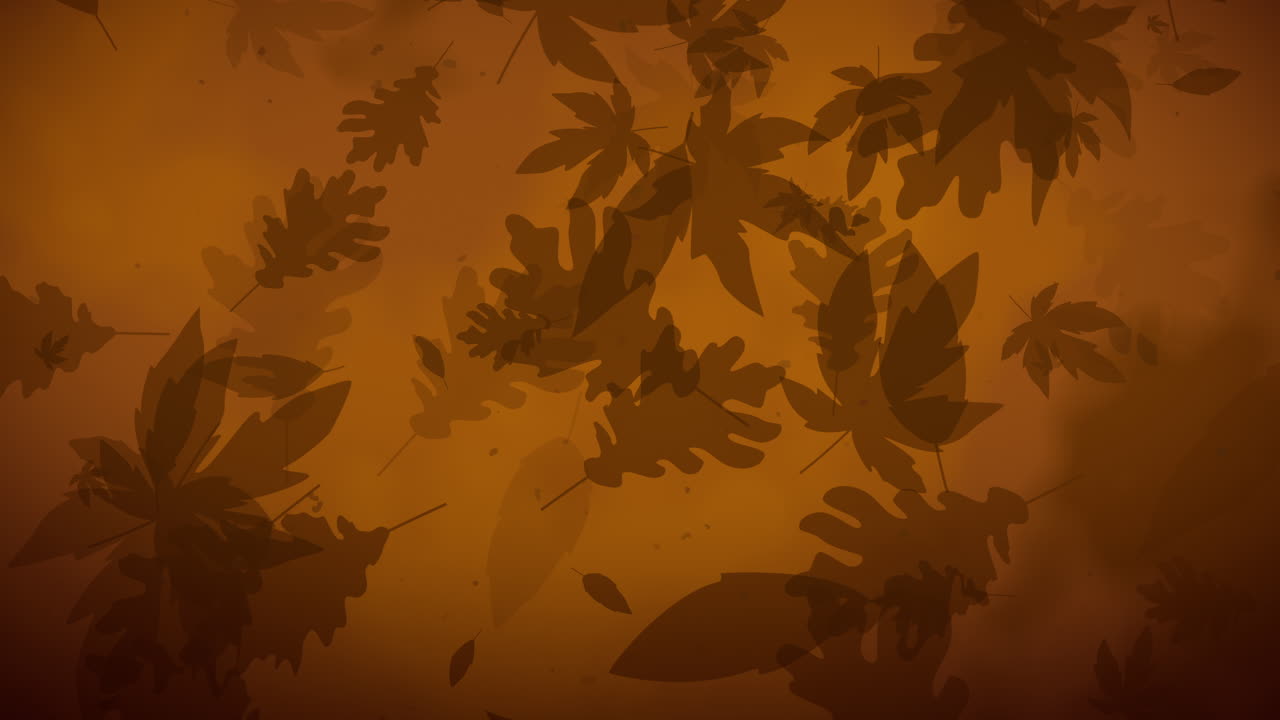 Decorative autumn brown background with silhouettes of oak and maple leaves. Falling foliage. Looped abstract animation. Copy space.