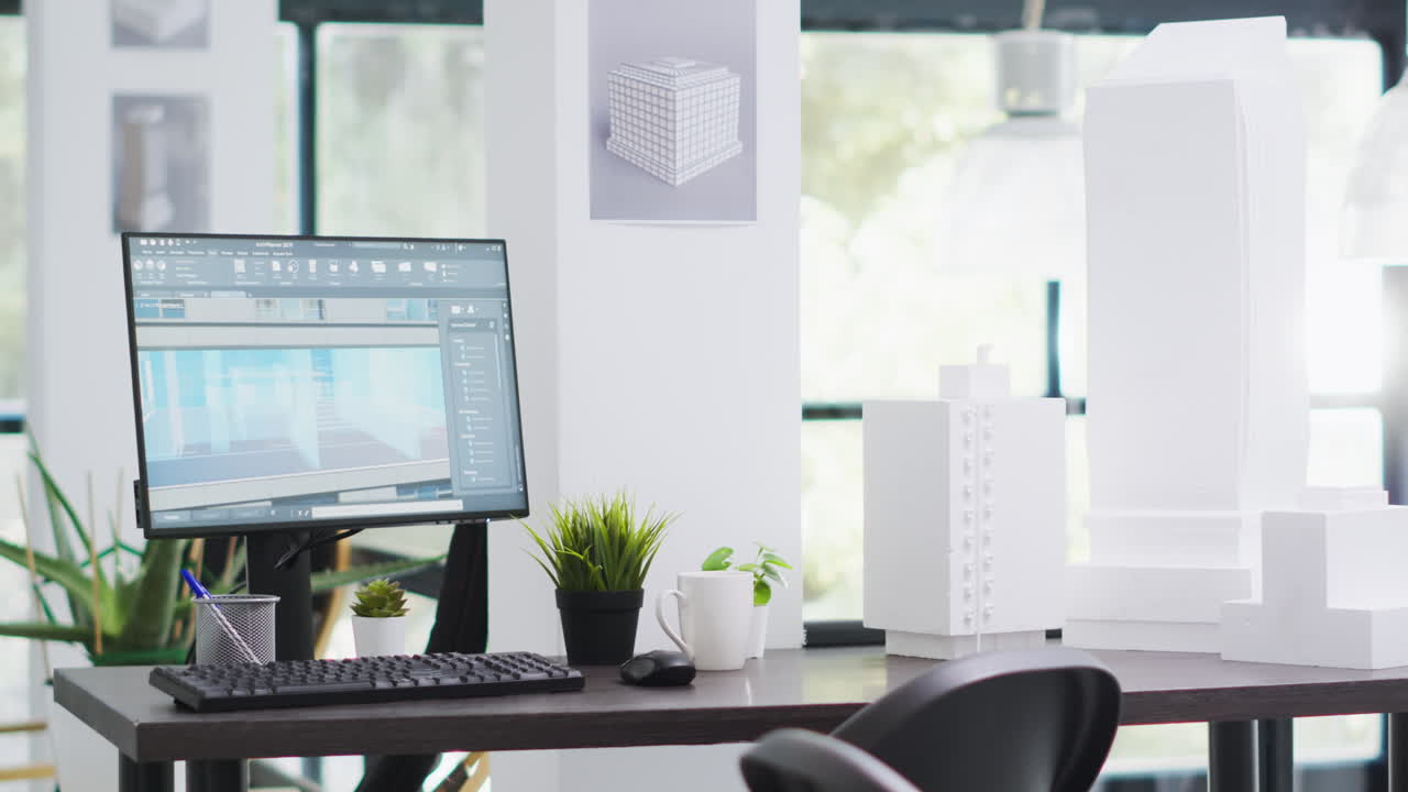 Creative agency office empty desk with pc running cad software Premium ...