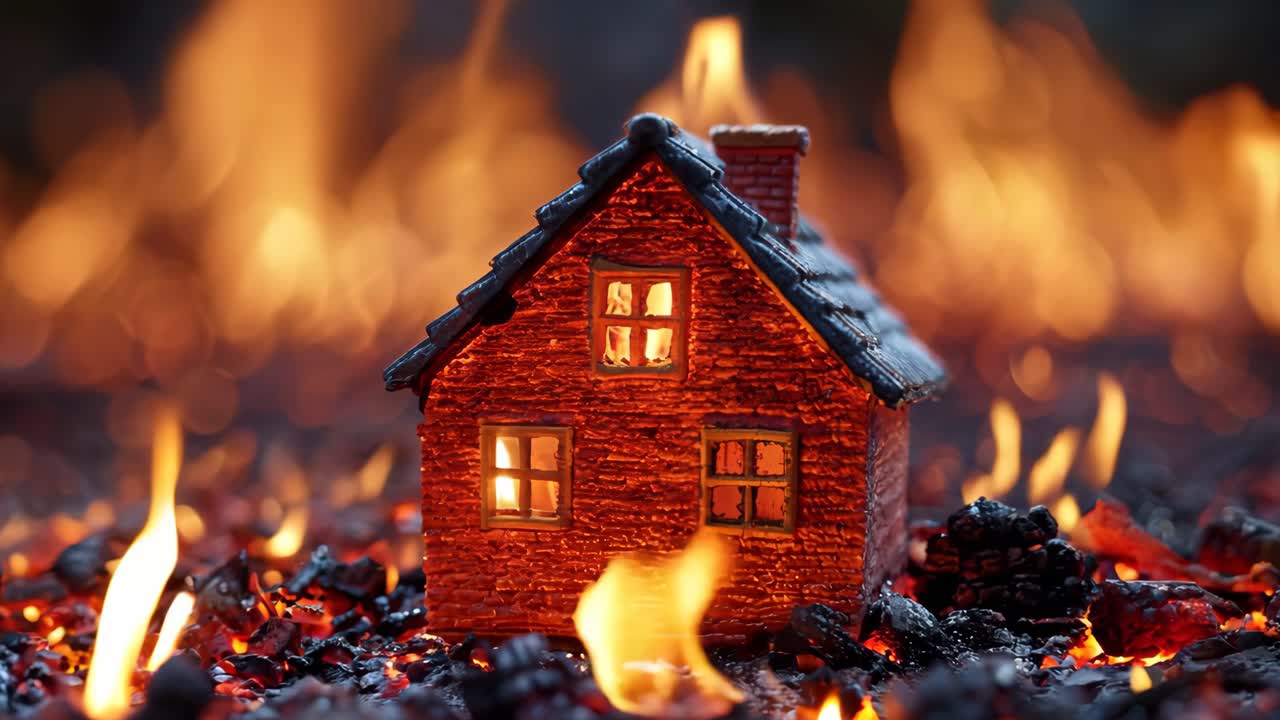 A small house is surrounded by a pile of burning wood. The house is on fire and the flames are very close to it
