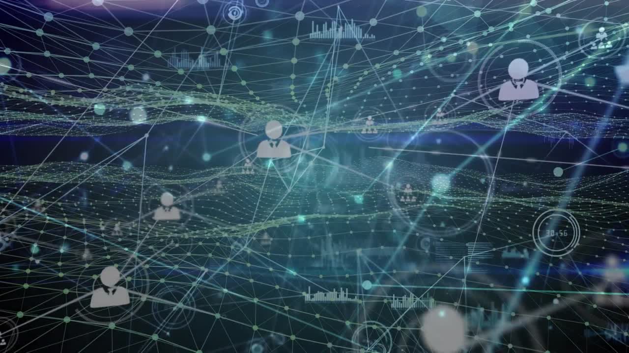 animación de la red de conexiones con iconos sobre fondo azul