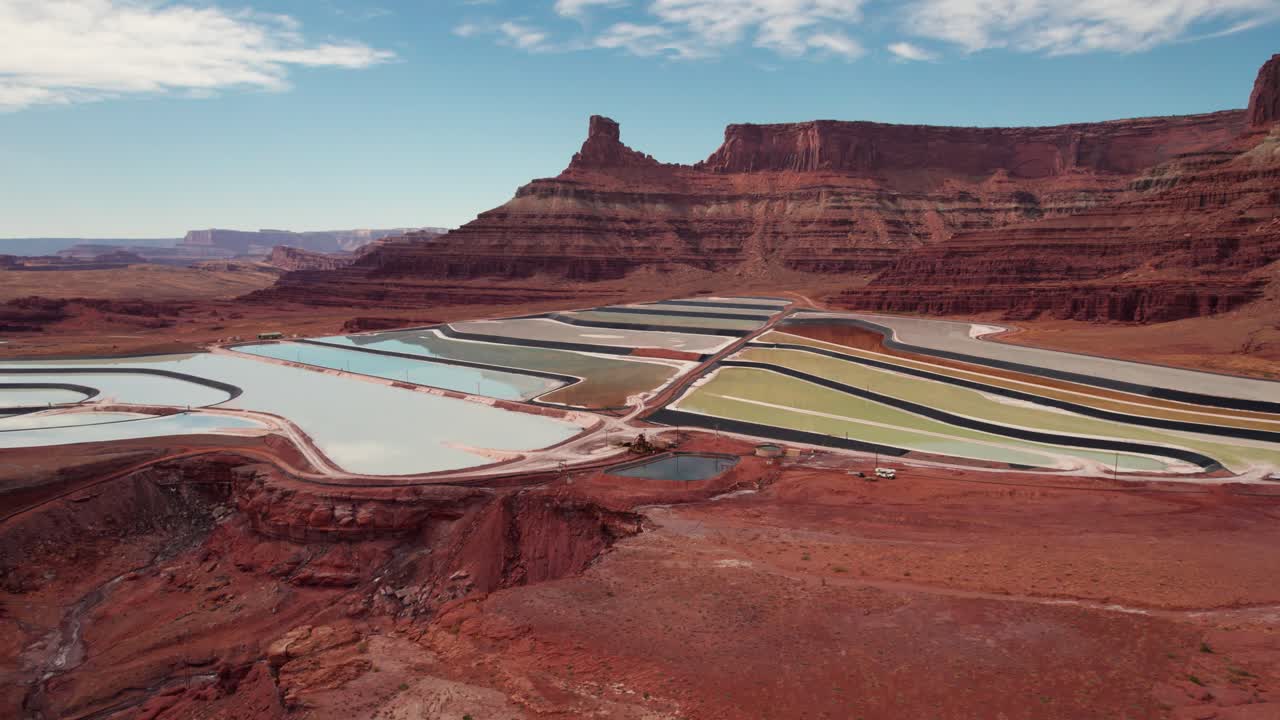 Drone shot panning to the right of Potash Ponds in Moab, Utah
