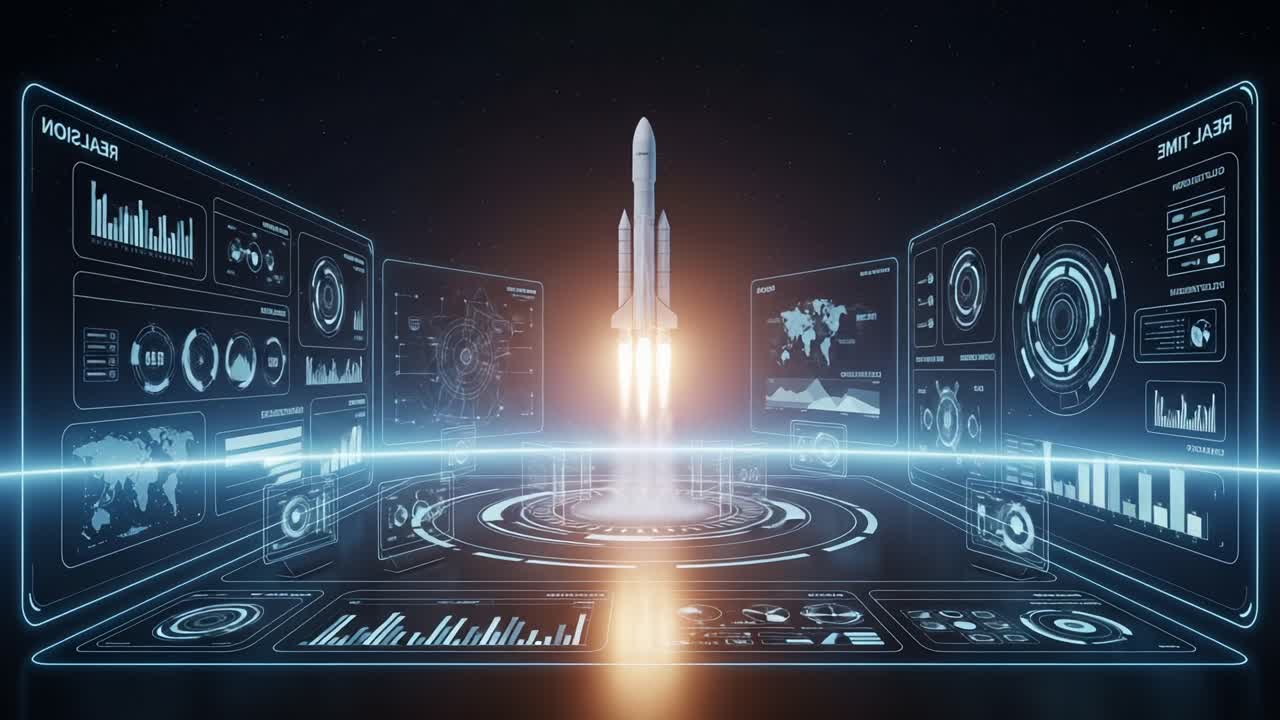 A Dynamic Launch Sequence of a Futuristic Rocket, Surrounded by Advanced Analytics and Data Dashboards in a Virtual Environment