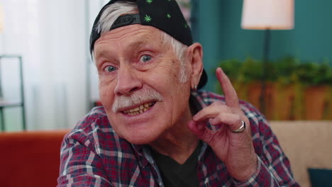 pov of senior grandfather making online video call talking waving hand looking at camera at home