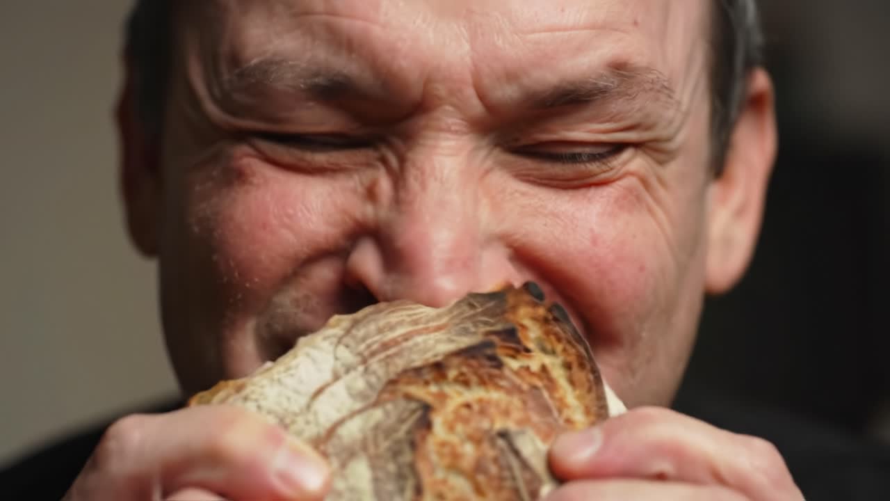 A Close-Up Moment of Culinary Delight: The Joy of Taking a Big Bite of Freshly Baked Bread Captured in Two Emotional Frames
