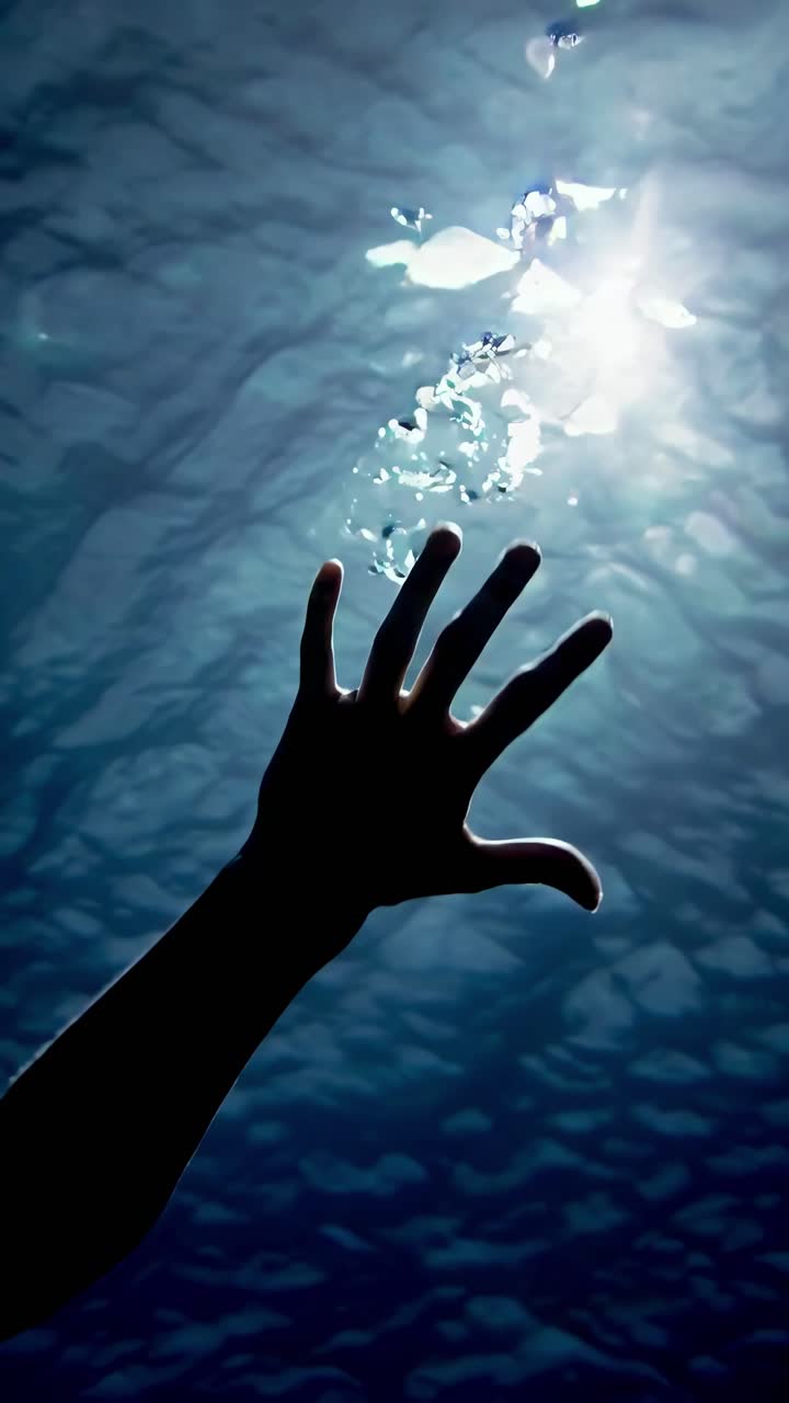 A dramatic underwater video concept with a low-angle shot of a hand reaching towards the surface