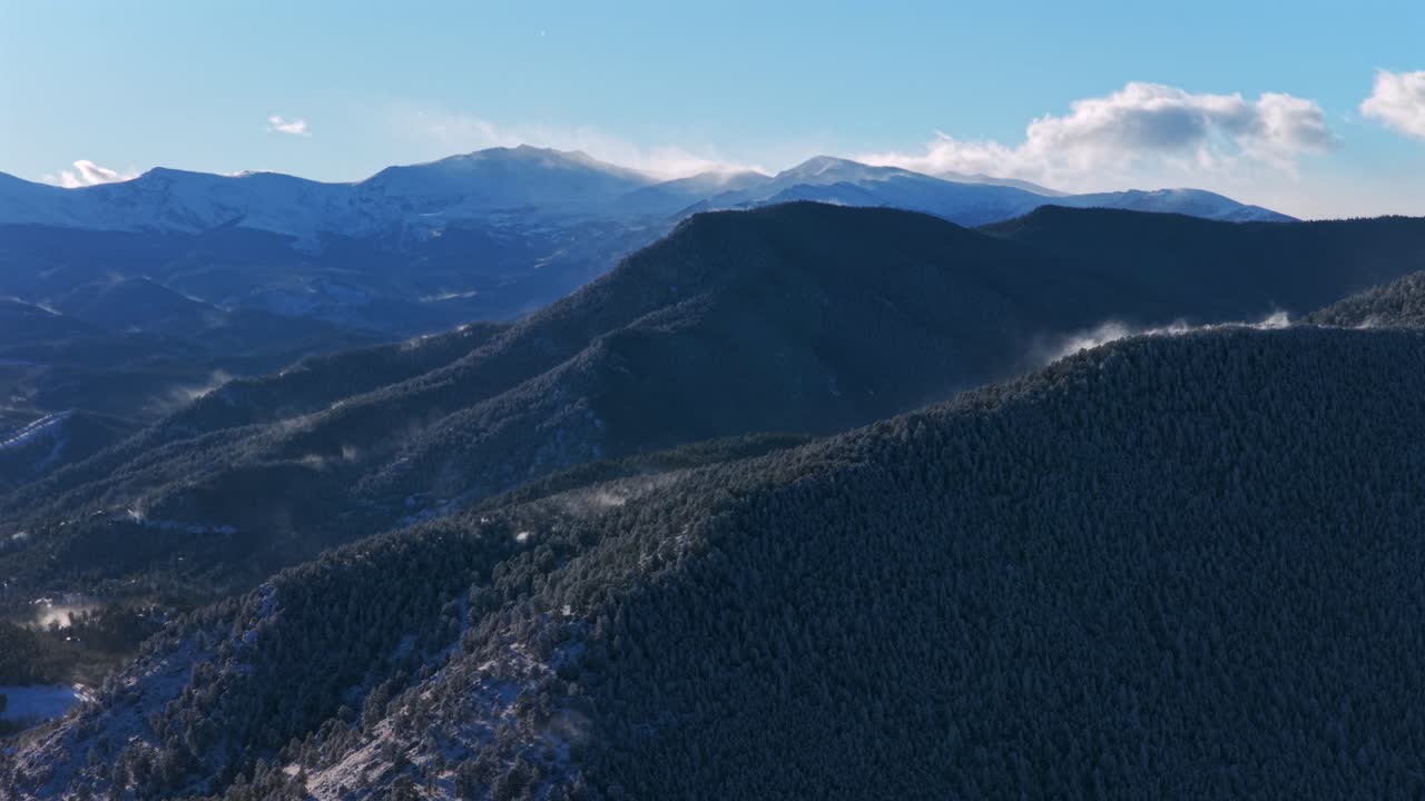 Winter snow covered Mount Blue Sky Mt Evans Evergreen Colorado aerial drone wind blown Bergen Peak Elk Meadow Park sunny blue sky foothills valley forest Front Range Rocky Mountains circle left pan up