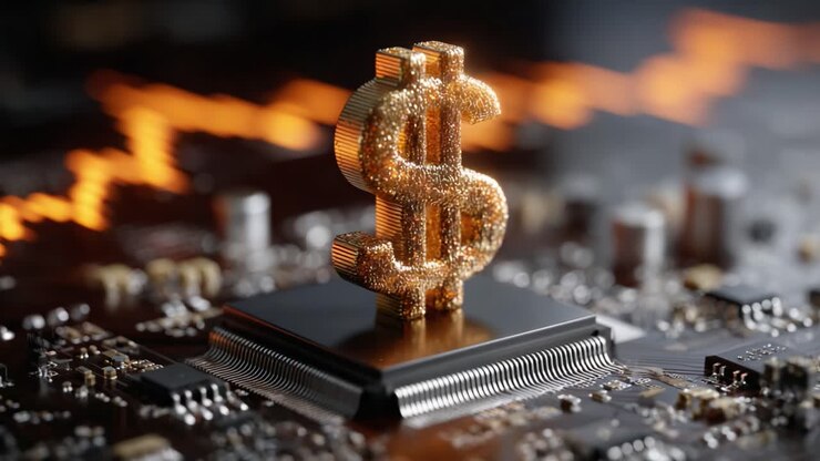 Una straordinaria immagine ravvicinata di un simbolo del dollaro scintillante poggiato su un circuito stampato, che simboleggia ricchezza e tecnologia in un'economia digitale