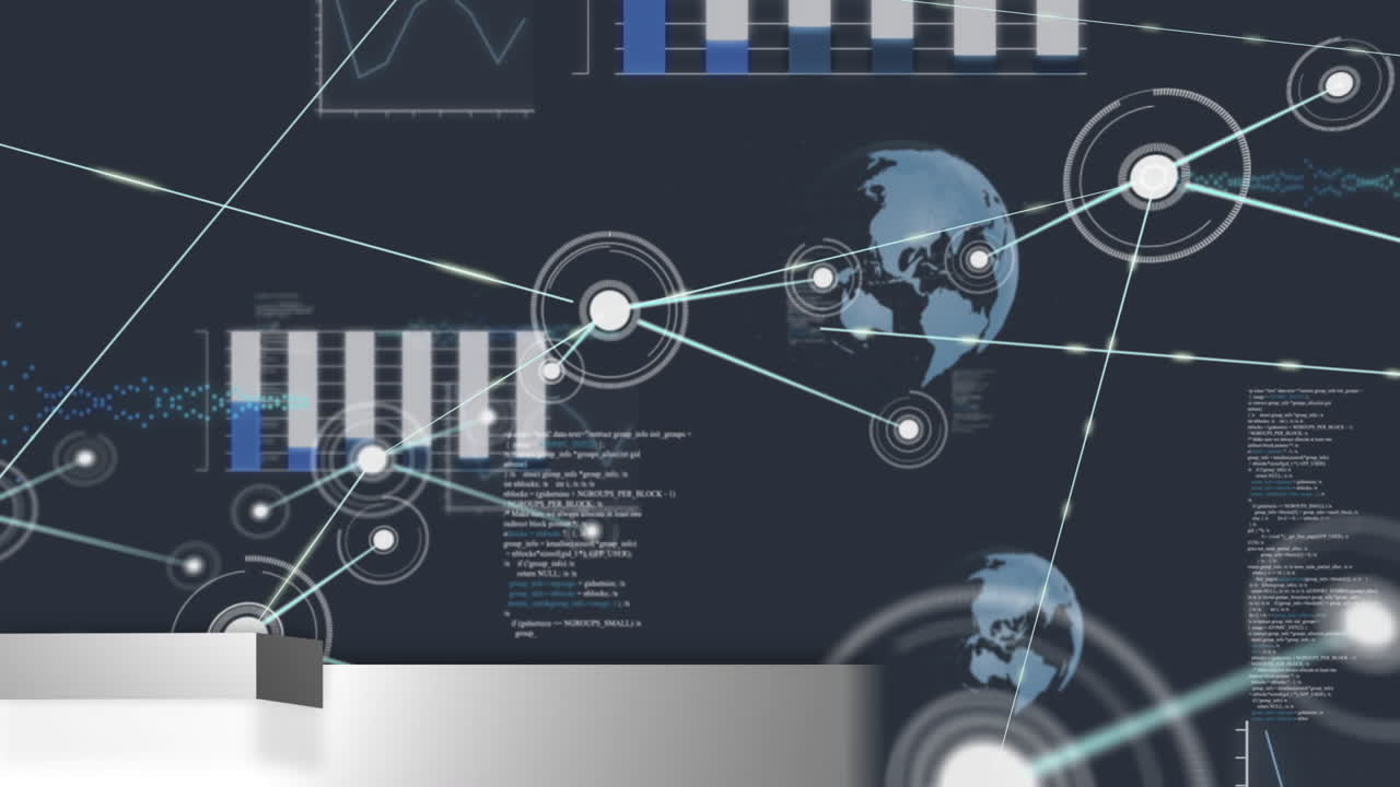 Global data charts and graphs animation over FAKE NEWS text on dark background