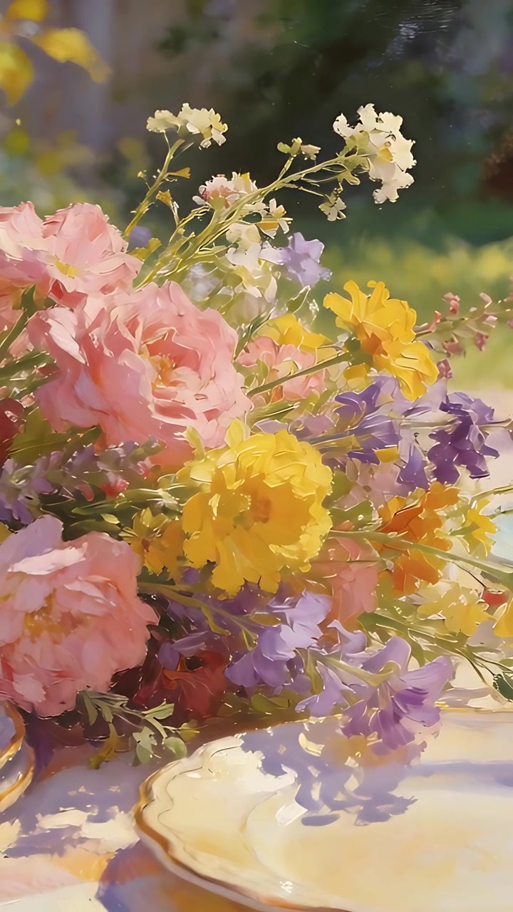 Video verticale: Sequenza di inquadrature, la telecamera zooma su un bouquet su un tavolo per mostrare i dettagli e un piatto con bordo dorato.