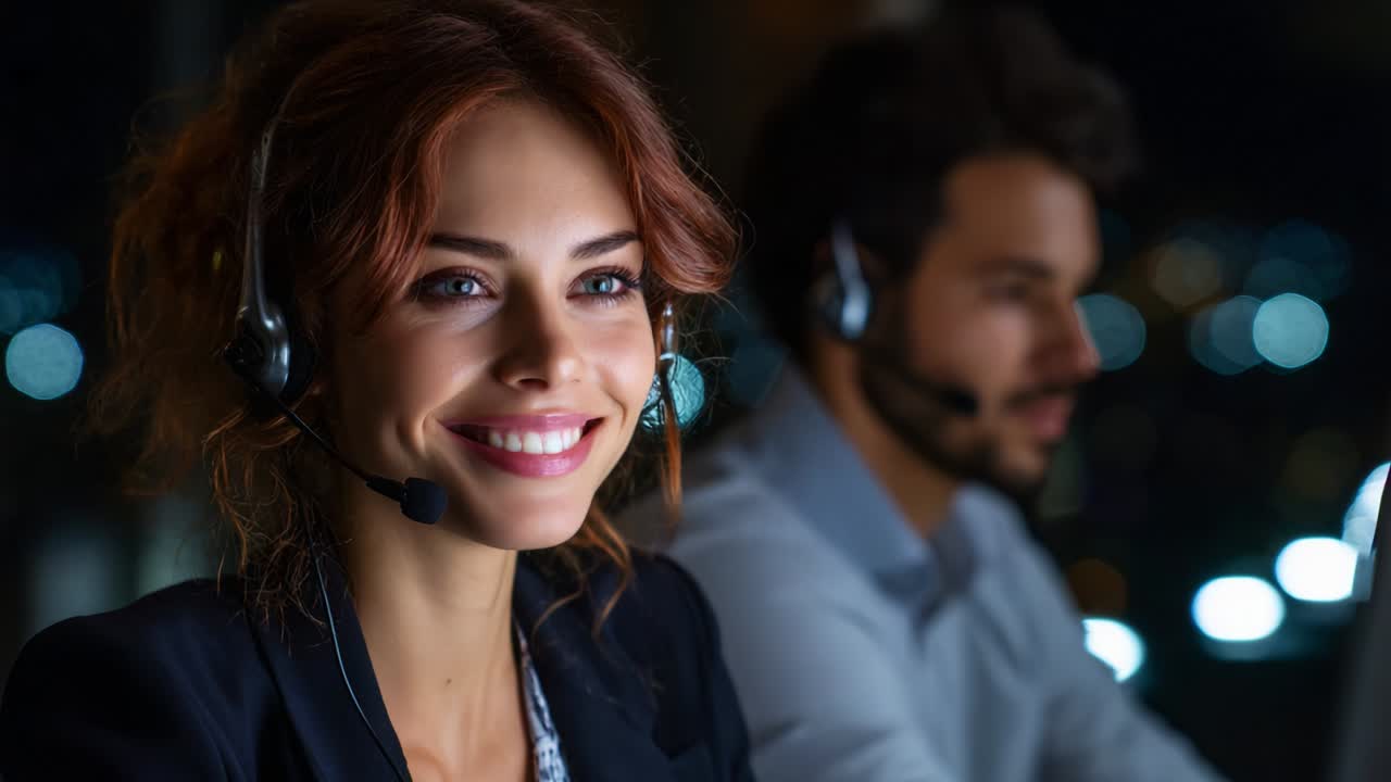 Rappresentante del servizio clienti sorridente in un call center impegnato in una comunicazione interattiva con i colleghi mentre fornisce assistenza in un'atmosfera rilassata di lavoro notturno