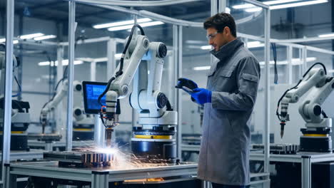 man supervising robotic welding in a high-tech manufacturing facility