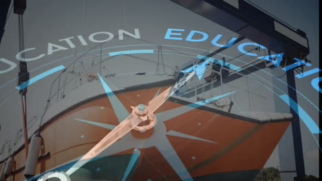 animation of compass spinning and education text over shipyard