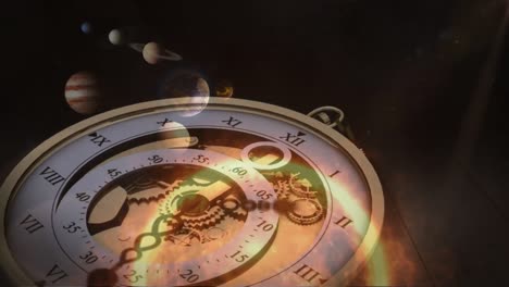 Animation-of-solar-systems,-planets-and-space-over-vintage-clock-ticking