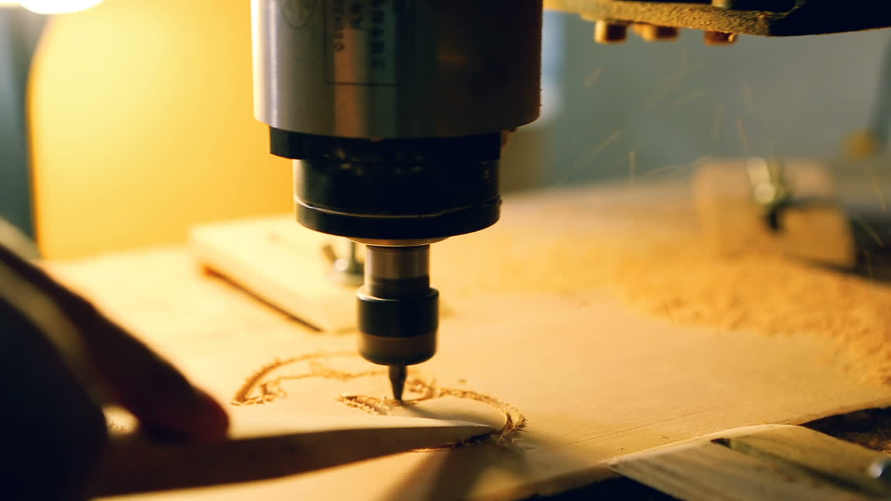Wood Cut Machine Moves Above Working Table. Industrial wood cut machine moves above working table and drills