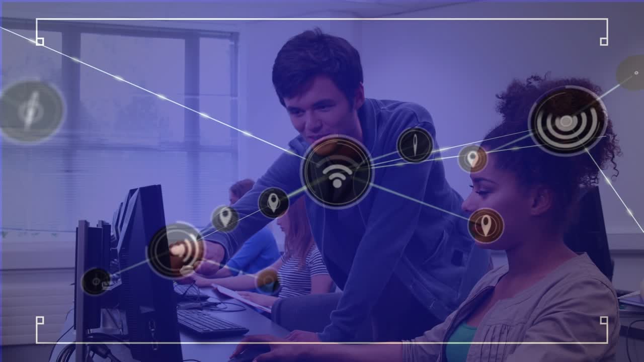 Rete di icone di profilo su uno sfondo di rete di connessioni africane con bambini che usano laptop