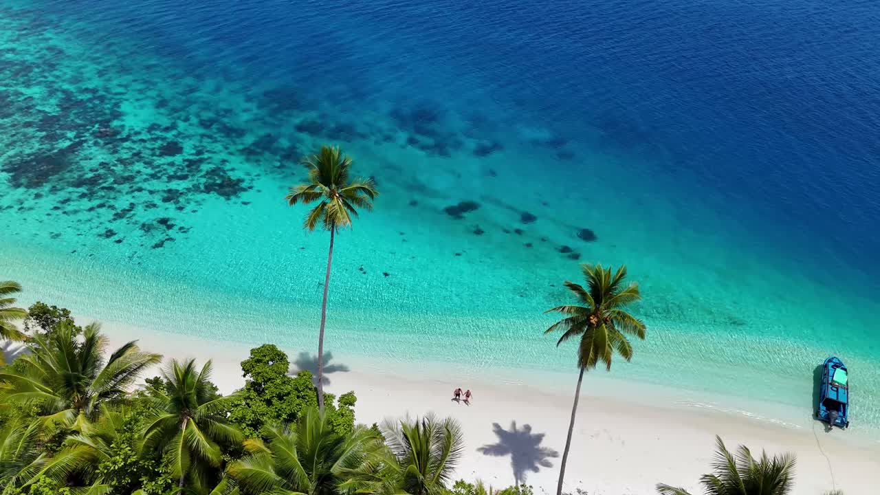 Video drone 4k di una spiaggia di sabbia bianca privata e isolata con oceano blu cristallino, fiancheggiata da palme e natura tropicale. Una coppia cammina dall'oceano. Isole Banggai, Sulawesi Indonesia.