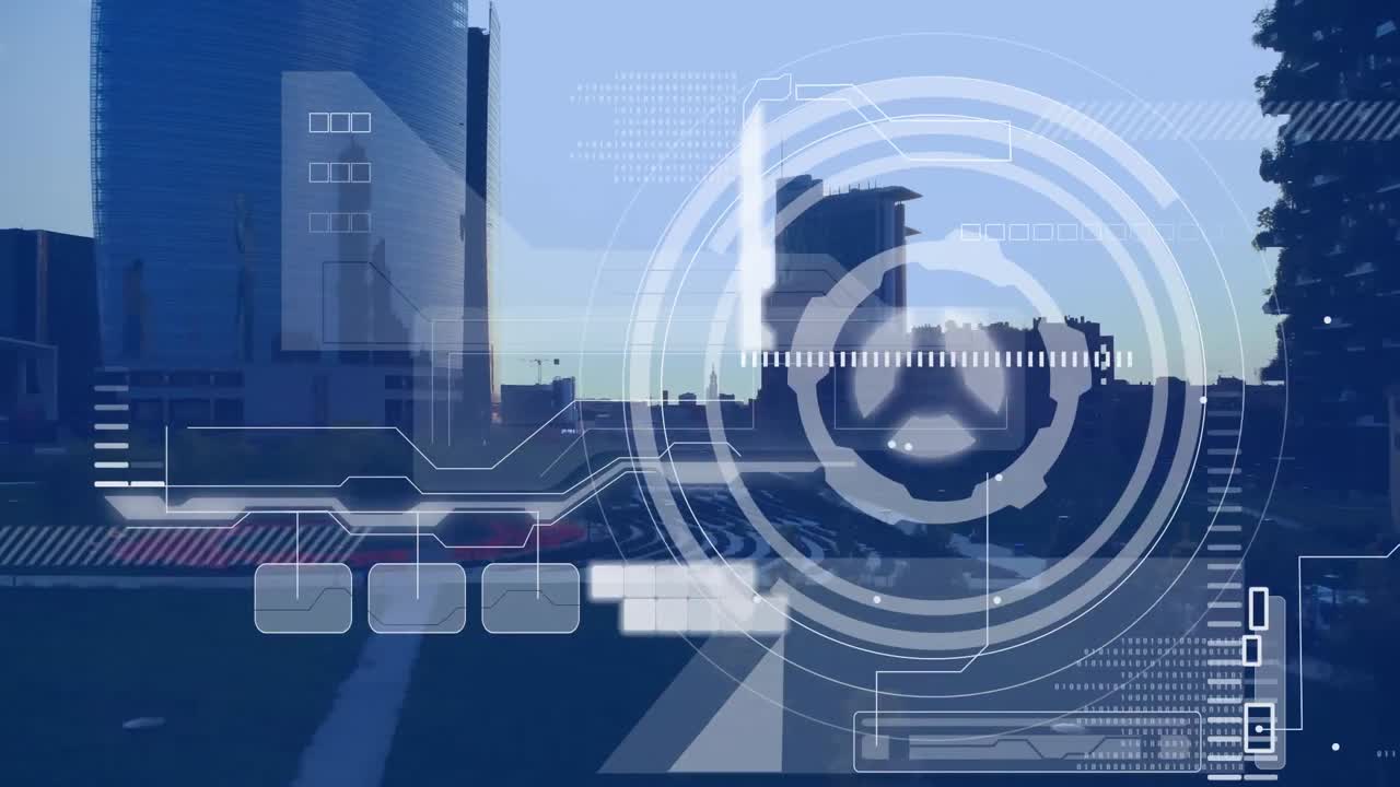 도시 풍경 위의 금융 데이터 처리 애니메이션