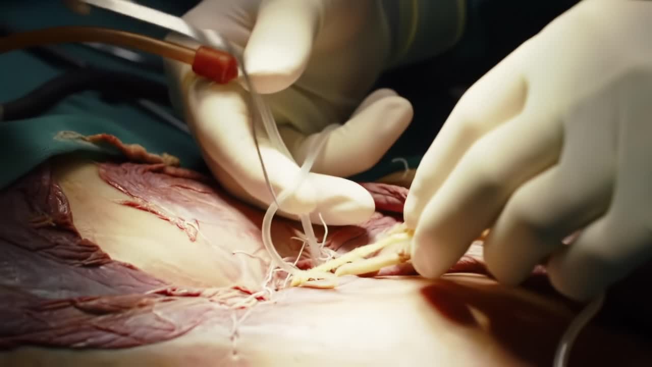 Surgical Procedure in Progress: Skilled Hands Performing Delicate Techniques on Biological Tissue Under Bright Surgical Lights