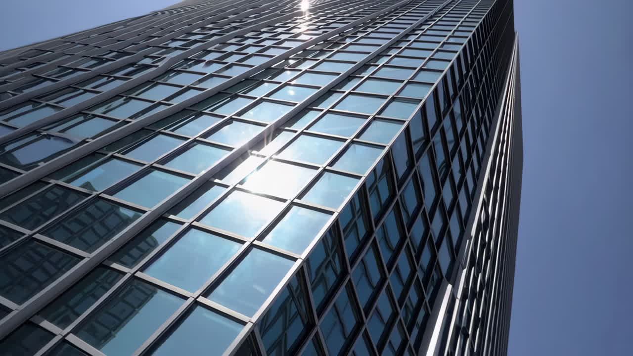 Modern Glass Skyscraper with Sun Reflection and Blue Sky