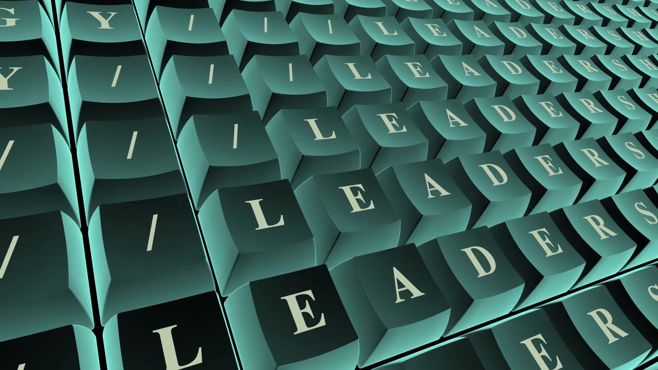 Animated keyboard keys changing to display keywords like strategy, innovation, and leadership.