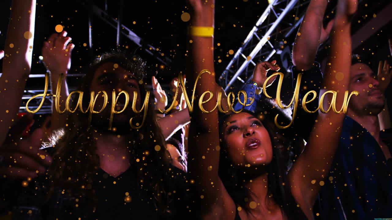 People celebrating with Happy New Year text and golden confetti animation