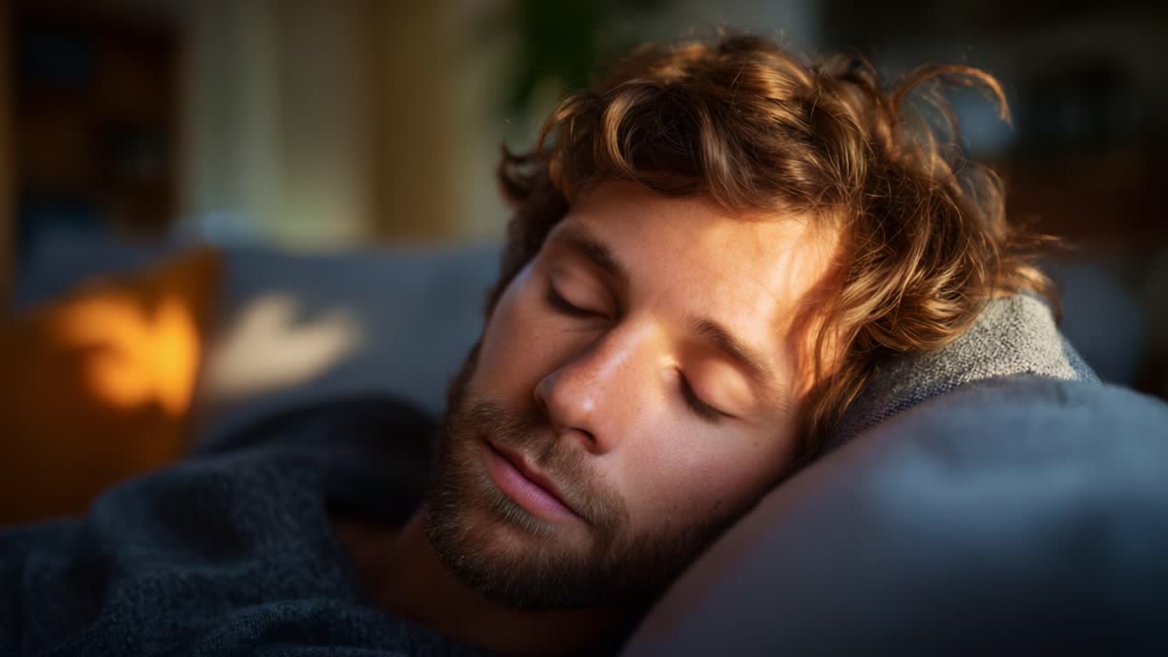 Eftertænksomt øjeblik: En ung mand med krøllet hår og blå øjne slapper af på en sofa i et blidt aftenlys og nyder en stille, eftertænksom stund derhjemme