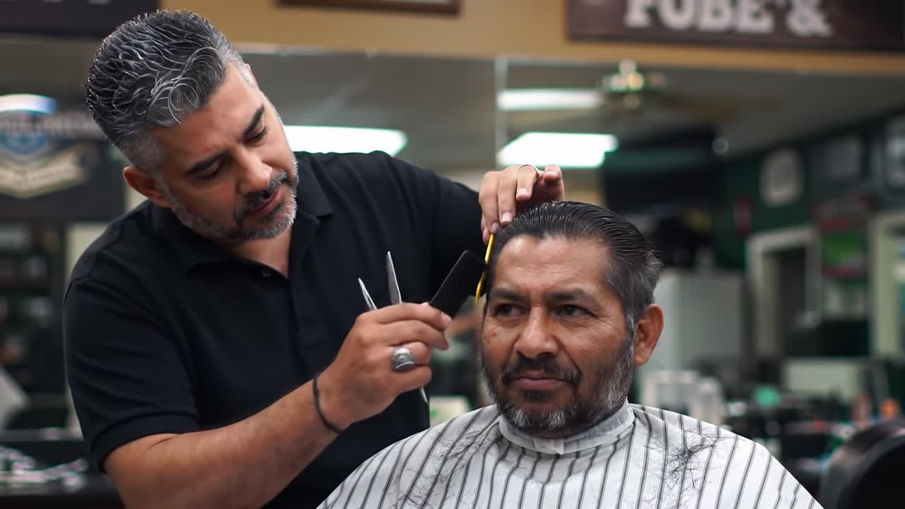 A barber skillfully trims and shapes the hair of a client in a cozy barbershop. The atmosphere is welcoming as the customer appreciates the personalized attention and care.