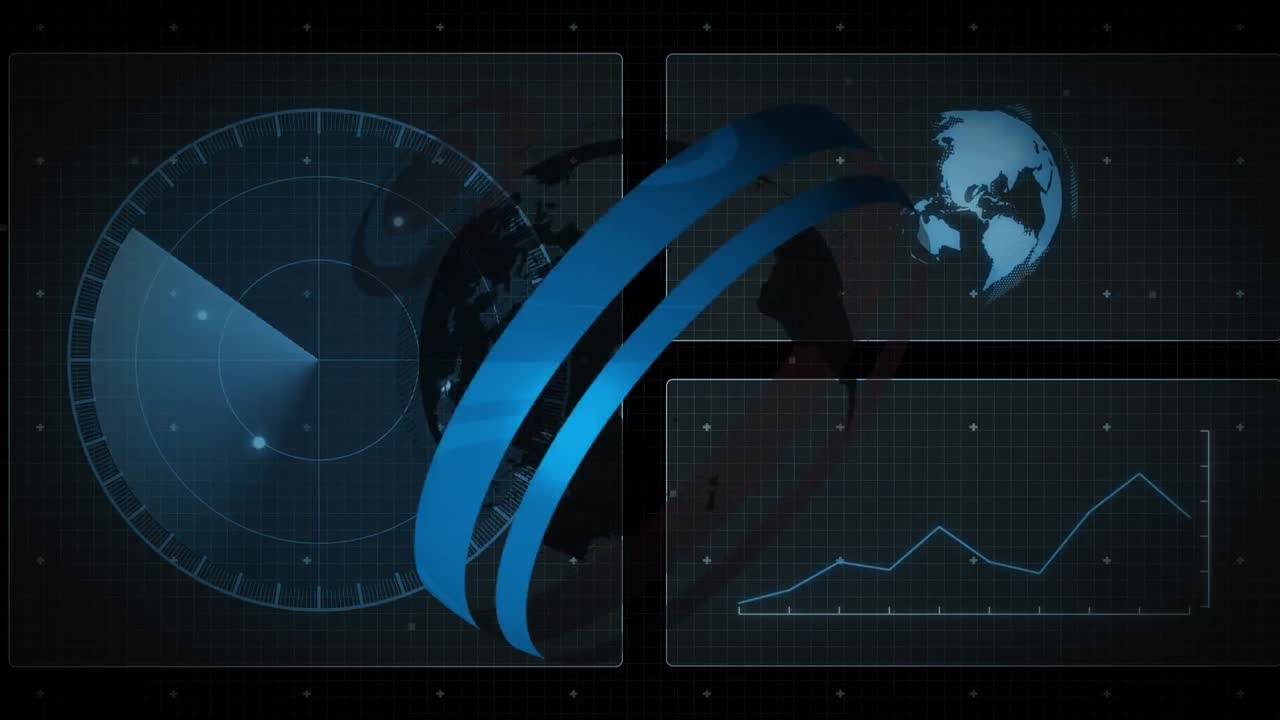 Animation of spinning globe over digital interface with data processing against black background