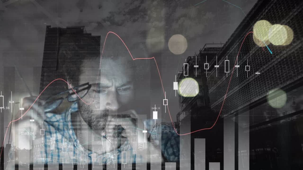 남성 프로그래머의 애니메이션과 도시 풍경과 도로 교통에 대한 그래프