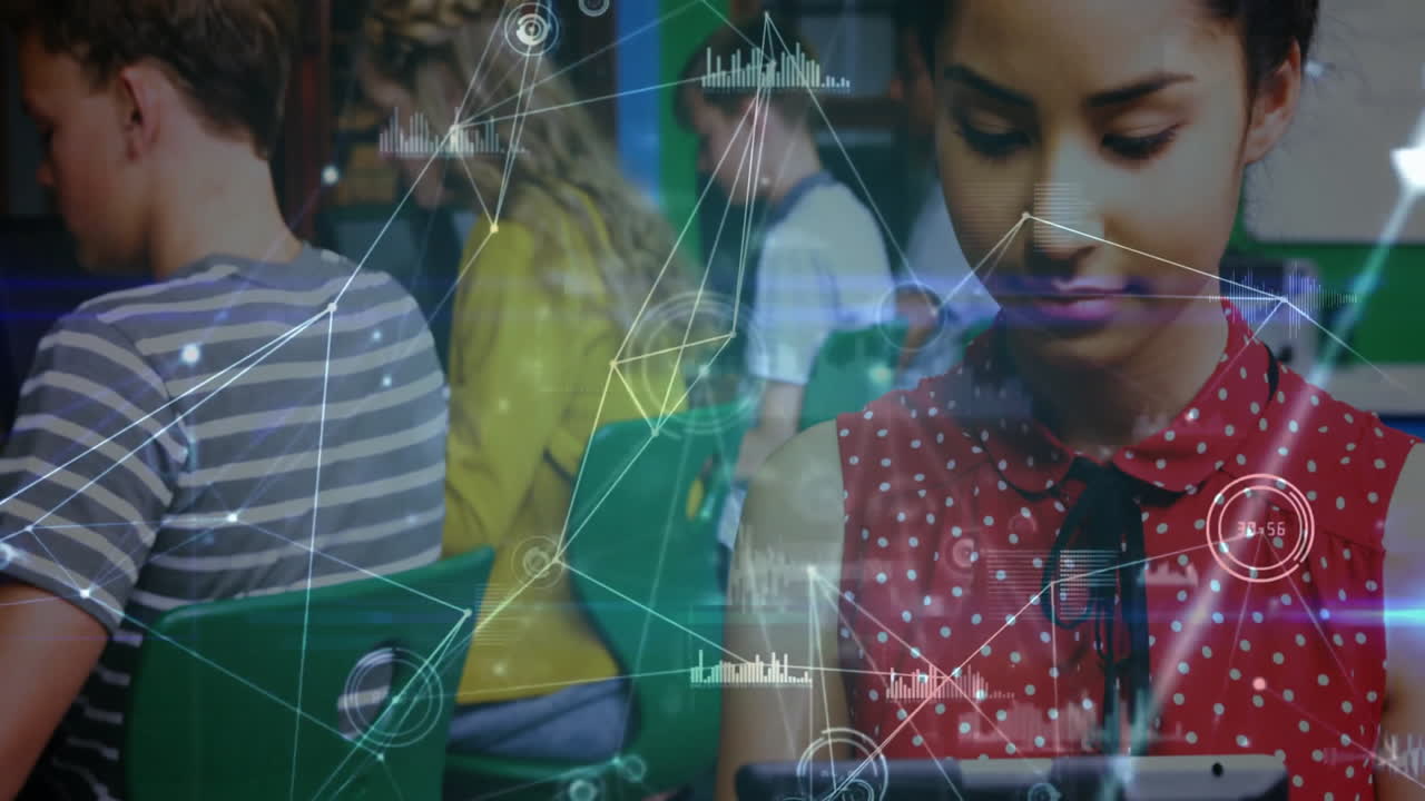 red de conexiones y animación de procesamiento de datos sobre los estudiantes en el aula