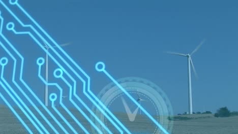 animación de conexiones de microprocesador y y reloj de tic-tac sobre molinos de viento girando contra el cielo