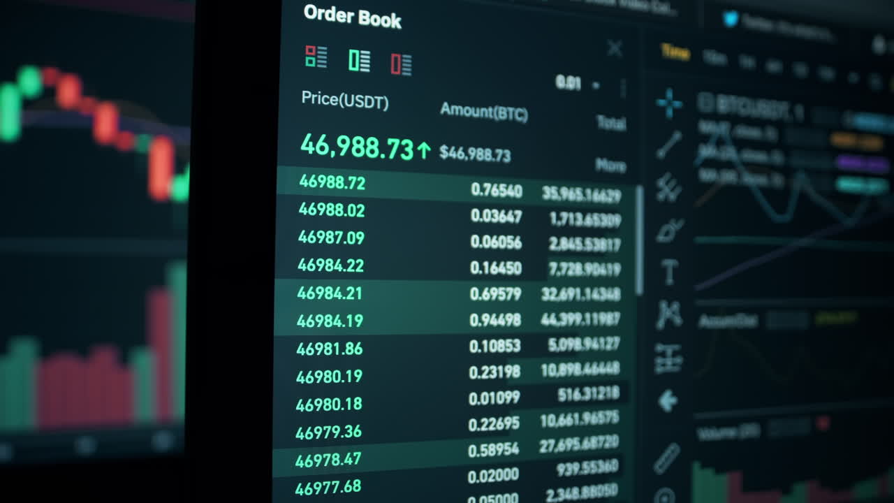 Nærbilde av en skjerm med arkivbilder på. Full Bitcoin-info, priser, grafer, historikk, dynamisk endring
