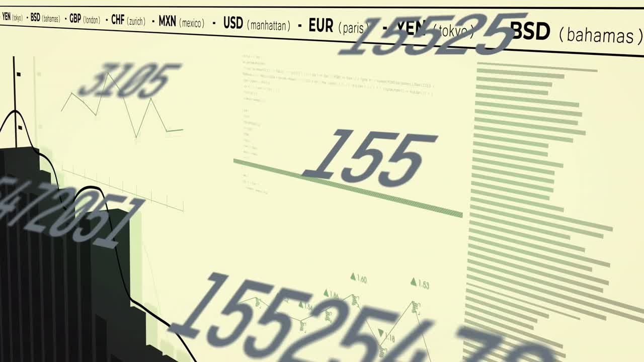 Numeri multipli in evoluzione e elaborazione dati statistici e grafici su sfondo giallo
