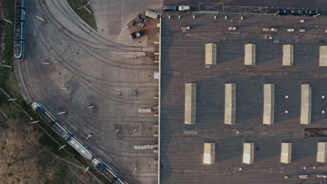 aerial view of tram depot and industrial building