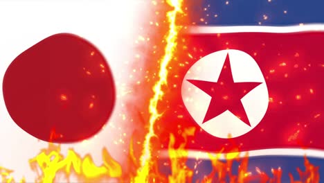 japan versus north korea flag on fire loop animation