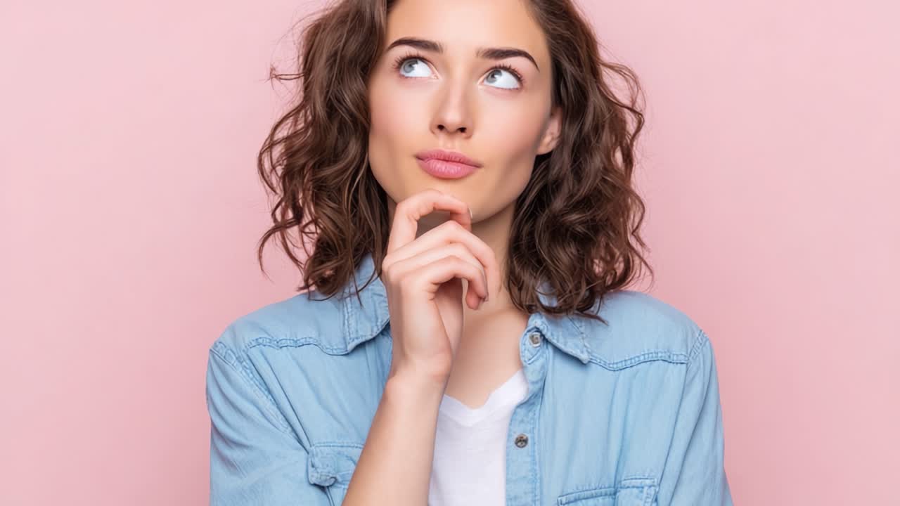 Een meisje met krullend haar poseert bedachtzaam tegen een roze achtergrond, overpeinzend met haar kin op haar hand, en straalt nieuwsgierigheid en charme uit